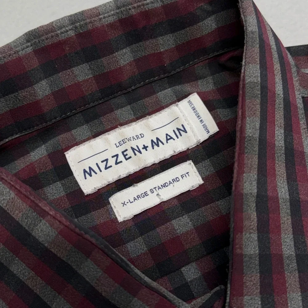 Mizzen+Main Leeward Plainview Standard Fit Dress Shirt Mens XL Burgundy Gingham